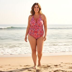 Torrid 2X Ladder Front One Piece Swimsuit Pink Floral Medallion Wireless Ruched